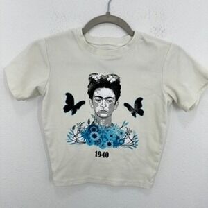 Frida Kahlo Self Portrait Graphic T Shirt Beige Grey Women's Crop Top Size Small